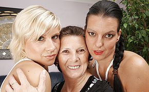 Three naughty <b>old and young</b> lesbians do it on the couch